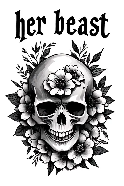 "Her beast" Skull and flowers tattoo design idea