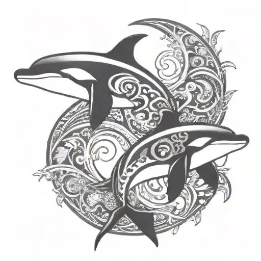 killer whales ying and yang with tribal patterns inside tattoo design idea
