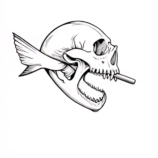 salmon skull biting a drumstick tattoo design idea