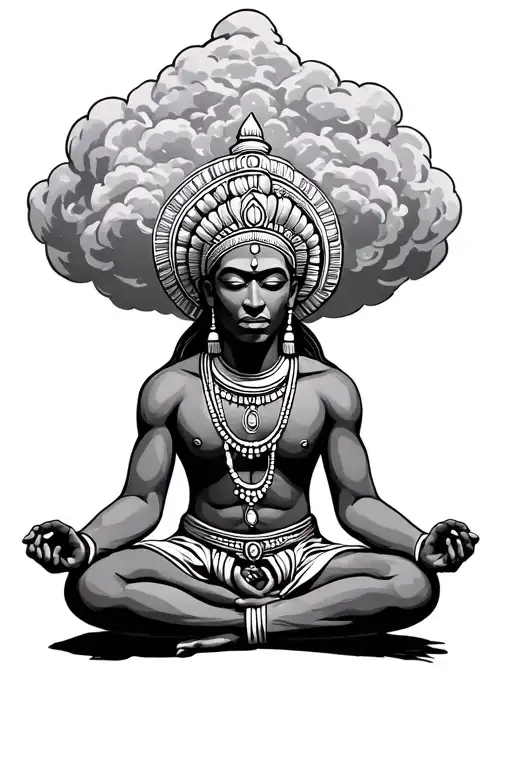 obatala, african deity in a meditation pose and has a cloud of powerful thoughts above his head tattoo design idea