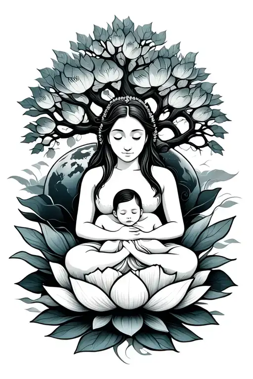 mother nursing a baby sitting on a lotus flower. the lotus flower on top of an earth and a tree of life behind the woman tattoo design idea