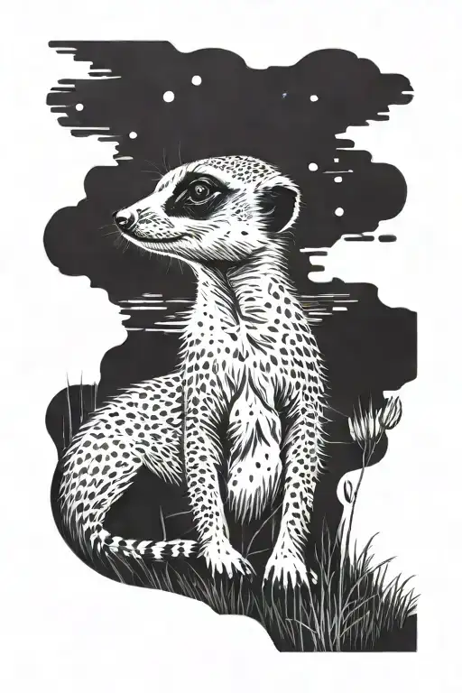 Meerkat standing in grass looking up at three tattoo design idea