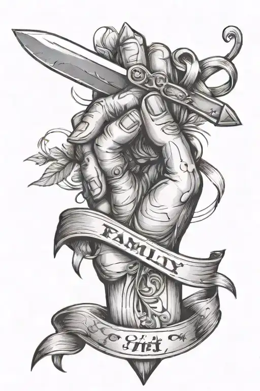A tattoo of a child's hand holding a small knife, with the words 'family first' written in a ribbon around it, symbolizing your devotion to your family and your dangerous lifestyle tattoo design idea