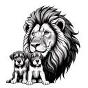 brave lion father with two puppies tattoo design idea