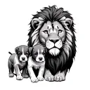 brave lion father with two puppies tattoo design idea