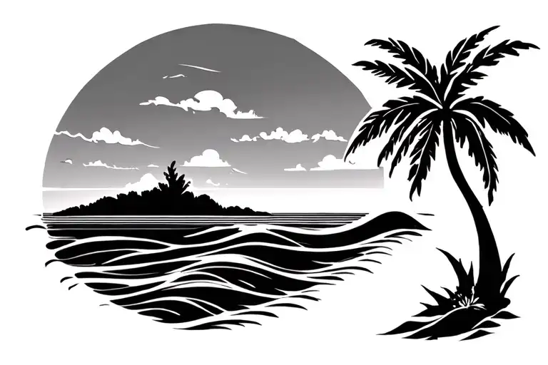 St John USVI Island outline tattoo design featuring single minimal wave and palm tree inside tattoo design idea