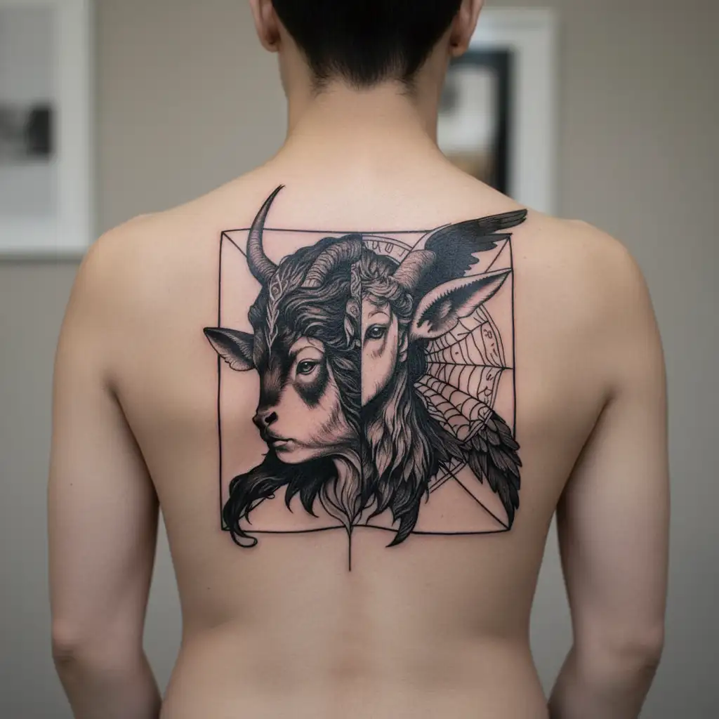half taurus(bull) in left side of face and capricorn (goat) in right side of face bckground is seraphim angel and cobweb tattoo design idea
