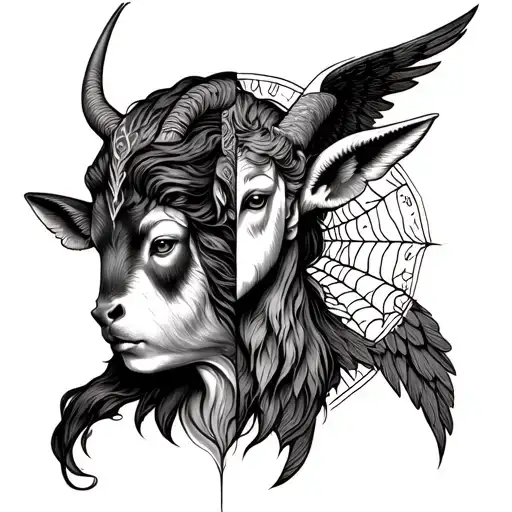 half taurus(bull) in left side of face and capricorn (goat) in right side of face bckground is seraphim angel and cobweb tattoo design idea