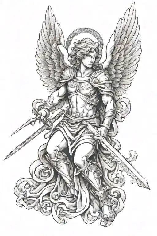 guardian angel holding a sword sitting facing forward tattoo design idea