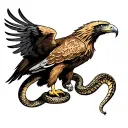 A Golden Eagle standing with a snake in it’s talons, however, the snake is coiled around the eagle’s body and wings and  tattoo design idea