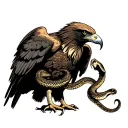 A Golden Eagle standing with a snake in it’s talons, however, the snake is coiled around the eagle’s body and wings and  tattoo design idea