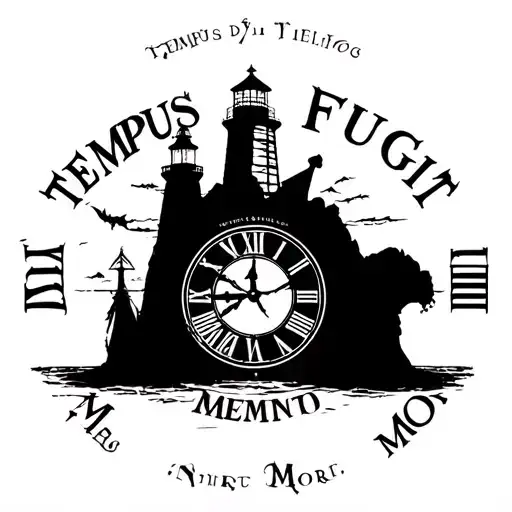 clock with text "TEMPUS FUGIT" above and "MEMENTO MORI" below and a lighthouse in the clock tattoo design idea