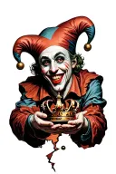 smiling jester holding a broken crown in his hands tattoo design idea