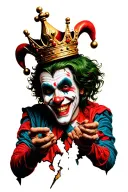 smiling jester holding a broken crown in his hands tattoo design idea