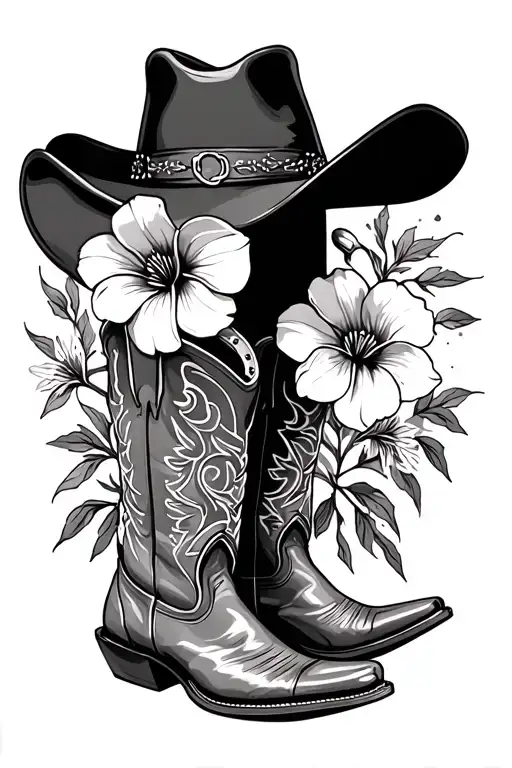 cowboy hat, cowgirl boots, horseshoe, columbine flower, western tattoo design idea