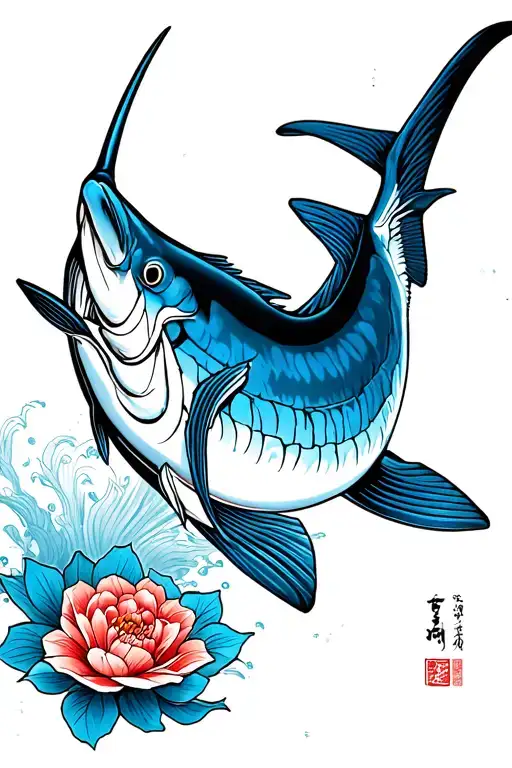 japanese style tattoo with with a blue marlin swimming, frosty blue and white and black line art tattoo design idea