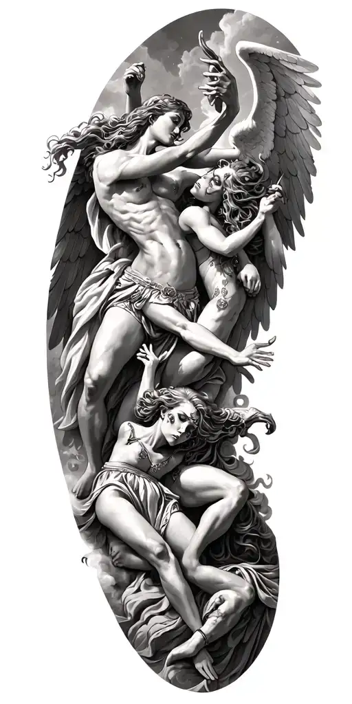 heaven vs hell theme with angels and demons fighting tattoo design idea