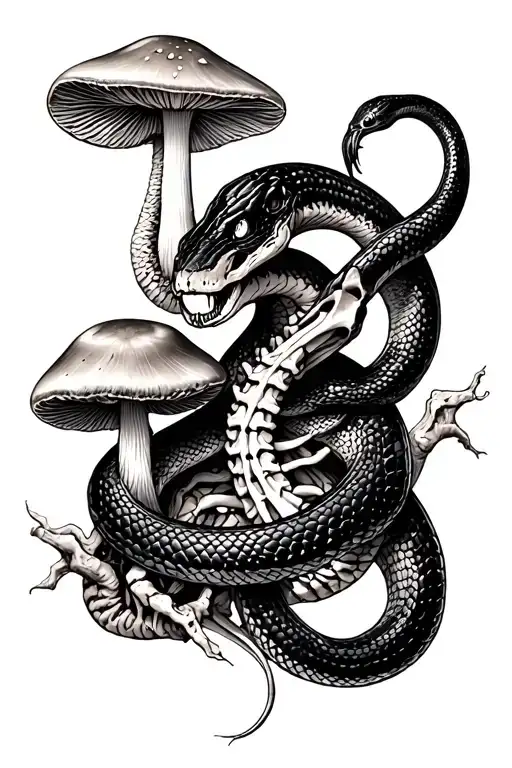 Black snake intertwined with snake skeleton surrounded by mushrooms tattoo design idea