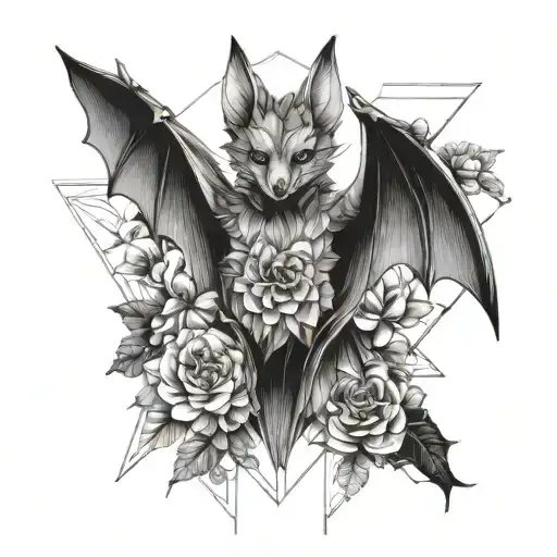 feminine bat with wings out and flowers tattoo design idea