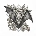 feminine bat with wings out and flowers tattoo design idea