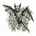 feminine bat with wings out and flowers tattoo design idea
