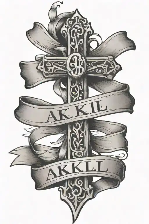 Cross with ribbon wrapped with writing of AKL initials on the ribbon tattoo design idea