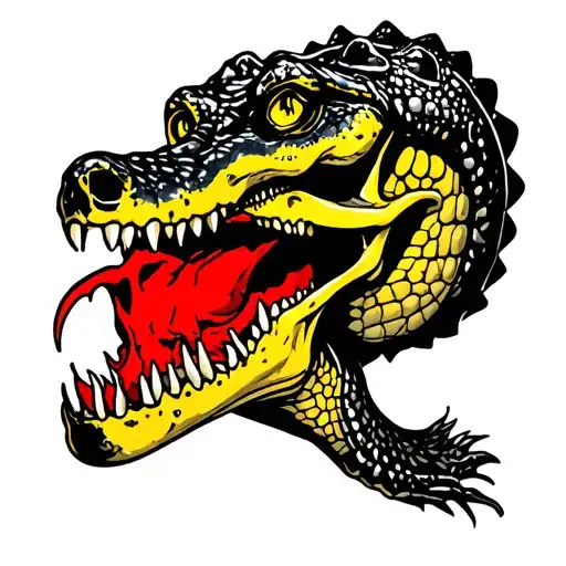 alligator biting yellow and red skull tattoo design idea