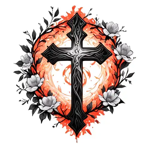 draw a cross with flowers and vines surrounding one side and a glowing red around the other. the flowers on the left tattoo design idea