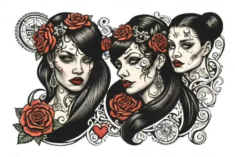 Woman faces without identify love hate time  tattoo design idea