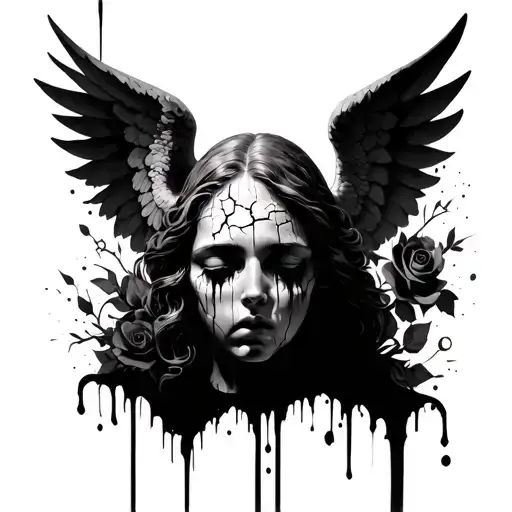 Black and grey surreal tattoo of a withering stone angel with closed eyes and cracked face, crying ink that becomes rose tattoo design idea