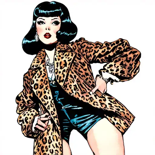 pinup girl with black bob wearing cheetah print coat tattoo design idea