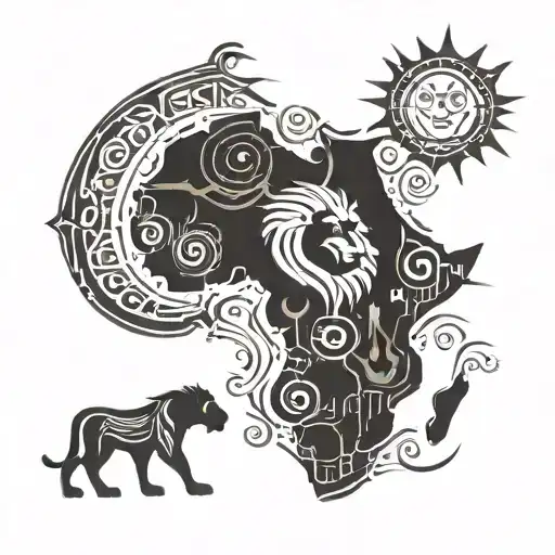 Africa map, with samuria and lion in side the map with a sun tattoo design idea