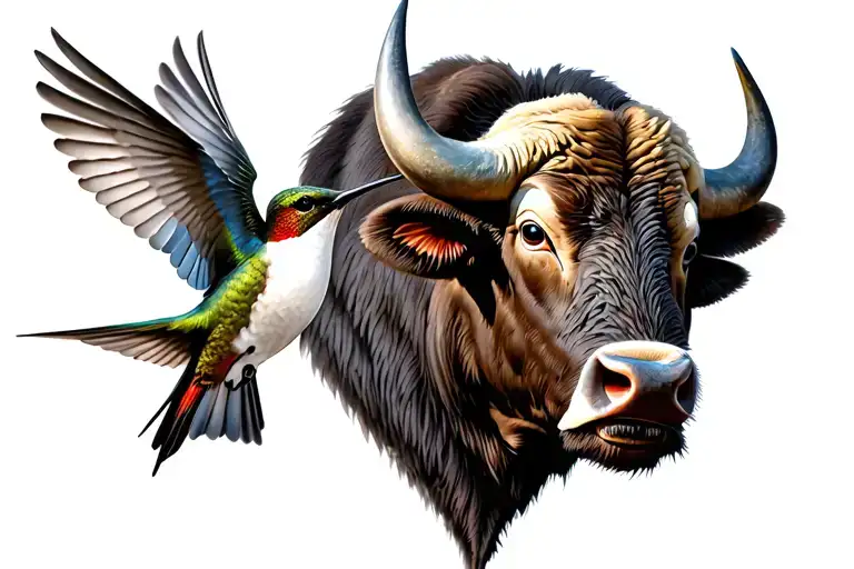 buffalo head and humming bird flying tattoo design idea