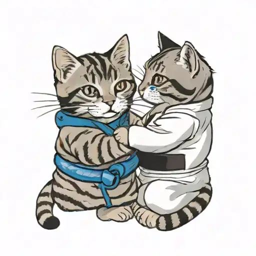 two tabby cat facing each other with their judogi's on. left one has black belt right one has blue belt tattoo design idea