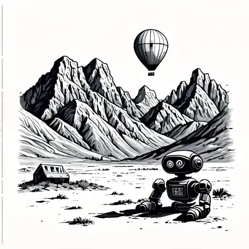 sandia mountains with hot air balloon floating above and robot on ground in front tattoo design idea