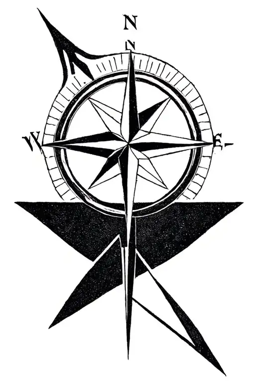 A geometric minimalist tattoo with a compass rose. A slender arrow runs vertically through the compass rose tattoo design idea