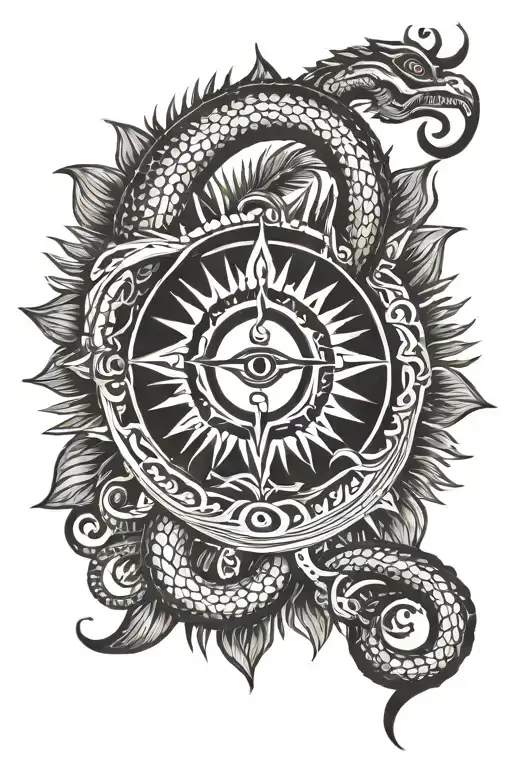 sun with trident in the middle with third eye. cobra wrapped around the trident and cobra tail shapes into OM symbol  tattoo design idea