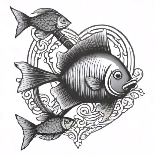 simple design upside down heart with fishing pole and fish tattoo design idea