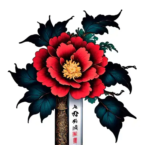 small antique sword, chinese flowers, Krisli name in chinese tattoo design idea