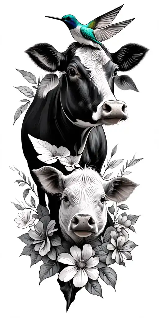 hyland cow, pig, hummingbird, flowers tattoo design idea