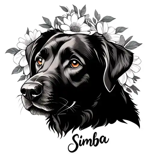 Outline of a dog face whose left year is up and right ear is down with flowers around the outline and Simba written belo tattoo design idea