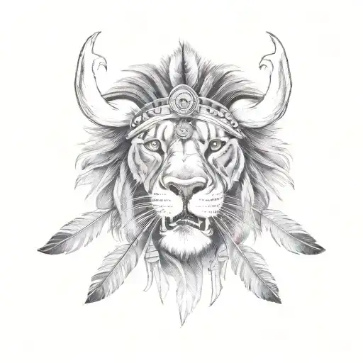 roaring lion with Indian chief headdress  tattoo design idea