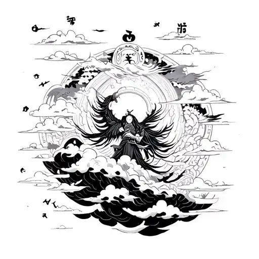 Korea myth Hwanung descending from clouds , surrounded by heavenly symbols  tattoo design idea