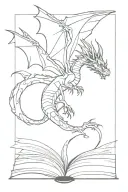 dragon flying out of book pages tattoo design idea