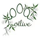 fine line tattoo, pawprint, olive tree or vines growing, with flowers, and the name olive in cursive tattoo design idea