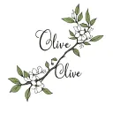 fine line tattoo, pawprint, olive tree or vines growing, with flowers, and the name olive in cursive tattoo design idea