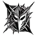 black and white tattoo: arrow head design as frame and inside the frame there is türkish kipchak mask, symetryc tattoo design idea