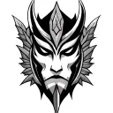 black and white tattoo: arrow head design as frame and inside the frame there is türkish kipchak mask, symetryc tattoo design idea