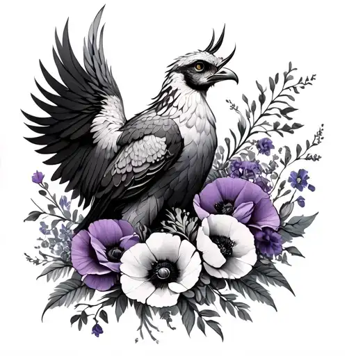 phoenix bird with a bouquet of poppy and violet flower intertwined tattoo design idea