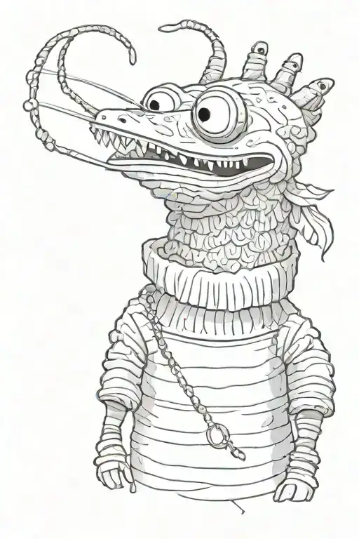 pepe the king prawn wearing a black turtleneck sweater and a gold chain tattoo design idea